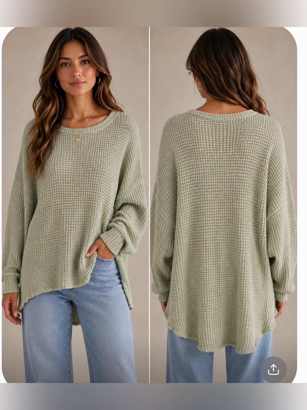 Oversized Batman sleeve Casual Waffle-Knit Long Sleeve Sweater - Sage Green